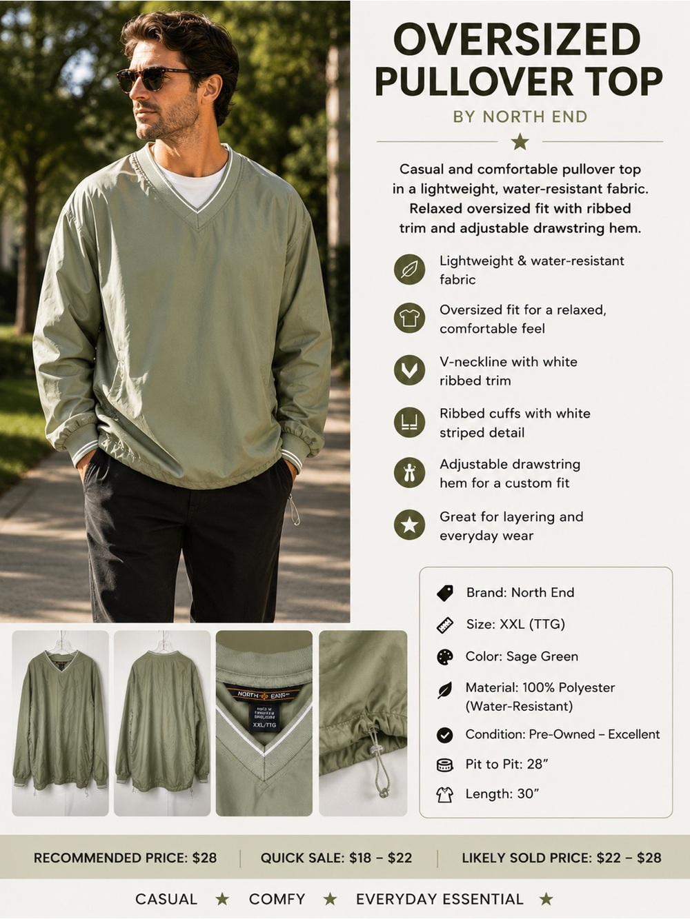 North End Oversized Pullover Top - Sage Green